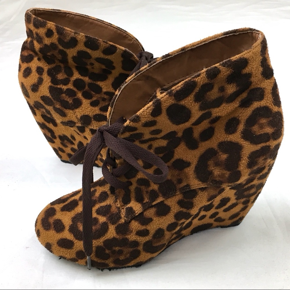 Leopard Print Wedge Ankle Boots - Women